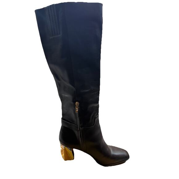 Franco Sarto Tiera High Brown Leather Gold Block Heel Boots Women's Size 10 - Picture 1 of 16